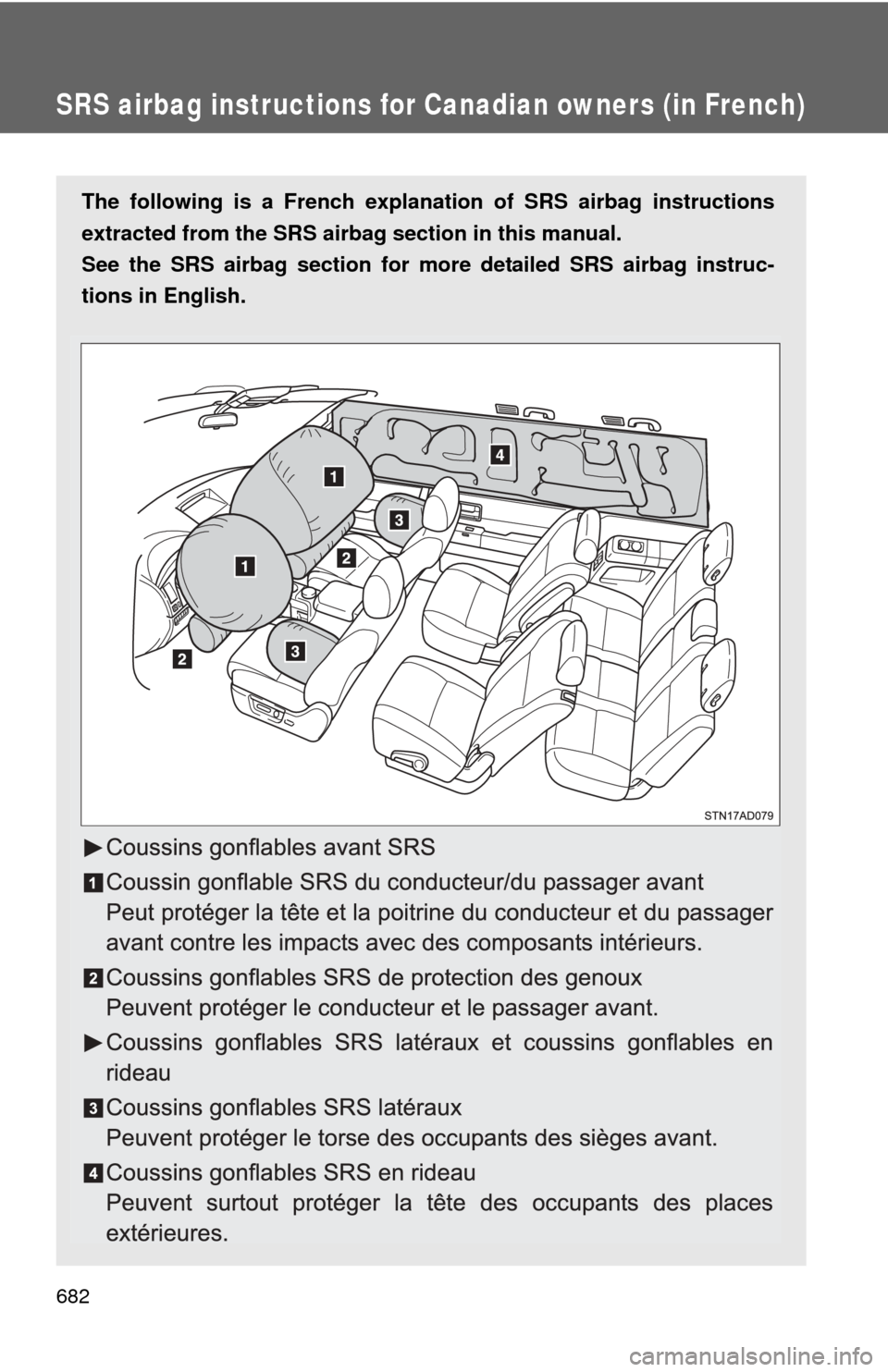 TOYOTA SEQUOIA 2012 2.G Owners Manual 682
SRS airbag instructions for Canadian owners (in French)
The following is a French explanation of SRS airbag instructions
extracted from the SRS airbag section in this manual.
See the SRS airbag se