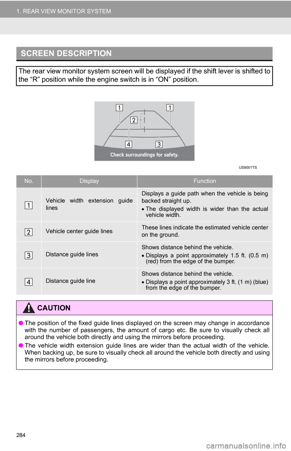 TOYOTA SEQUOIA 2013 2.G Navigation Manual 284
1. REAR VIEW MONITOR SYSTEM
SCREEN DESCRIPTION
The rear view monitor system screen will be displayed if the shift lever is shifted to
the “R” position while the engine switch is in “ON” po TOYOTA SEQUOIA 2013 2.G Navigation Manual 284
1. REAR VIEW MONITOR SYSTEM
SCREEN DESCRIPTION
The rear view monitor system screen will be displayed if the shift lever is shifted to
the “R” position while the engine switch is in “ON” po