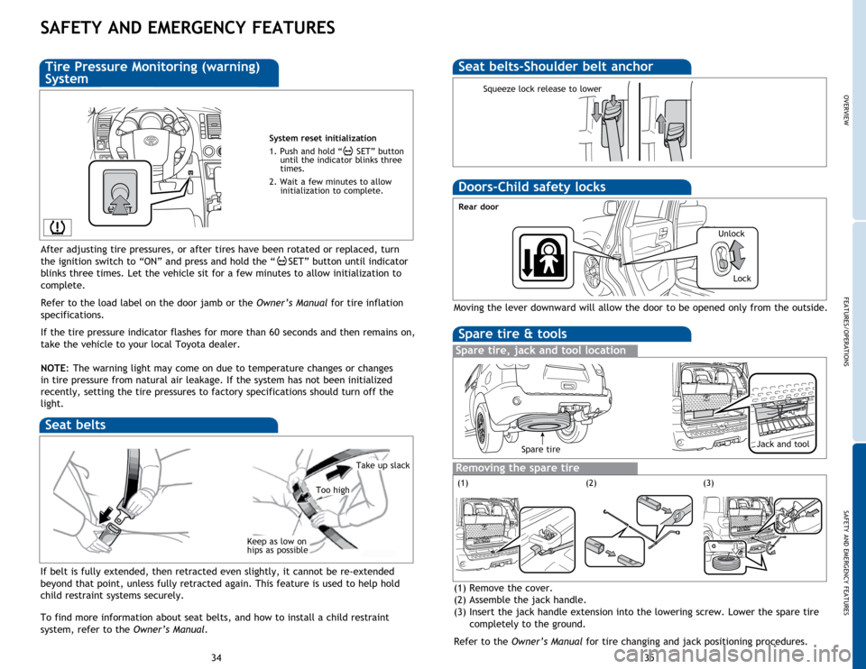 TOYOTA SEQUOIA 2015 2.G Quick Reference Guide OVERVIEW
FEATURES/OPERATIONS
SAFETY AND EMERGENCY FEATURES
35
34
SAFETY AND EMERGENCY FEATURES
If belt is fully extended, then retracted even slightly, it cannot be re-extended 
beyond that point, unl