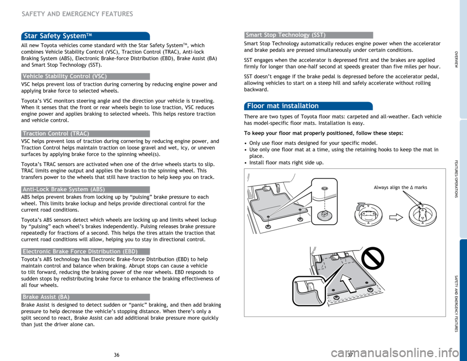TOYOTA SEQUOIA 2015 2.G Quick Reference Guide OVERVIEW
FEATURES/OPERATIONS
SAFETY AND EMERGENCY FEATURES
37
36 There are two types of Toyota floor mats: carpeted and all-weather. Each vehicle 
has model-specific floor mats. Installation is easy. 