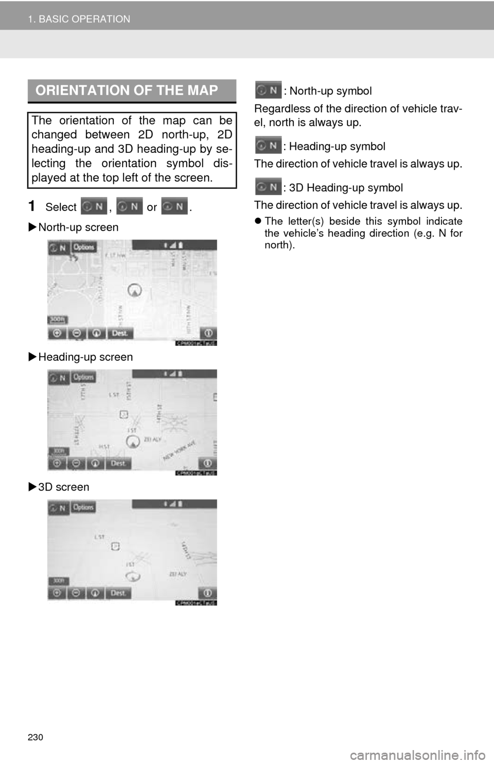 TOYOTA SEQUOIA 2016 2.G Navigation Manual 230
1. BASIC OPERATION
1Select ,  or .
 North-up screen
 Heading-up screen
 3D screen : North-up symbol
Regardless of the direction of vehicle trav-
el, north is always up.
: Heading-up symbo
