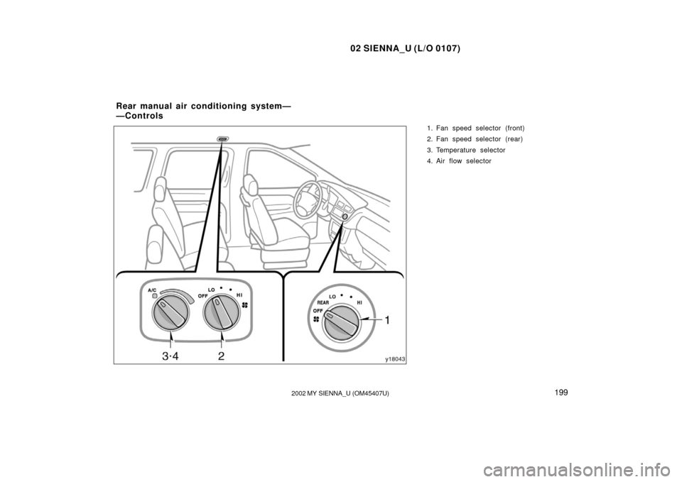 TOYOTA SIENNA 2002 XL10 / 1.G Owners Manual 02 SIENNA_U (L/O 0107)
1992002 MY SIENNA_U (OM45407U)
1. Fan speed selector (front)
2. Fan speed selector (rear)
3. Temperature selector
4. Air flow selector
Rear manual air conditioning system—
—