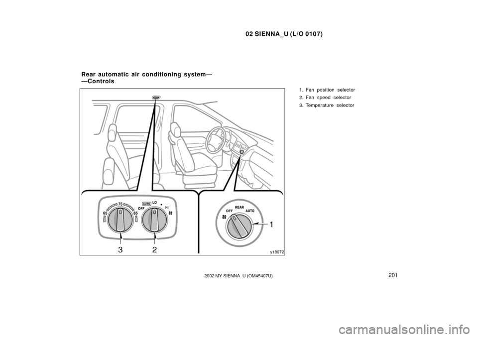 TOYOTA SIENNA 2002 XL10 / 1.G Owners Manual 02 SIENNA_U (L/O 0107)
2012002 MY SIENNA_U (OM45407U)
1. Fan position selector 
2. Fan speed selector
3. Temperature selector
Rear automatic air conditioning system—
—Controls 