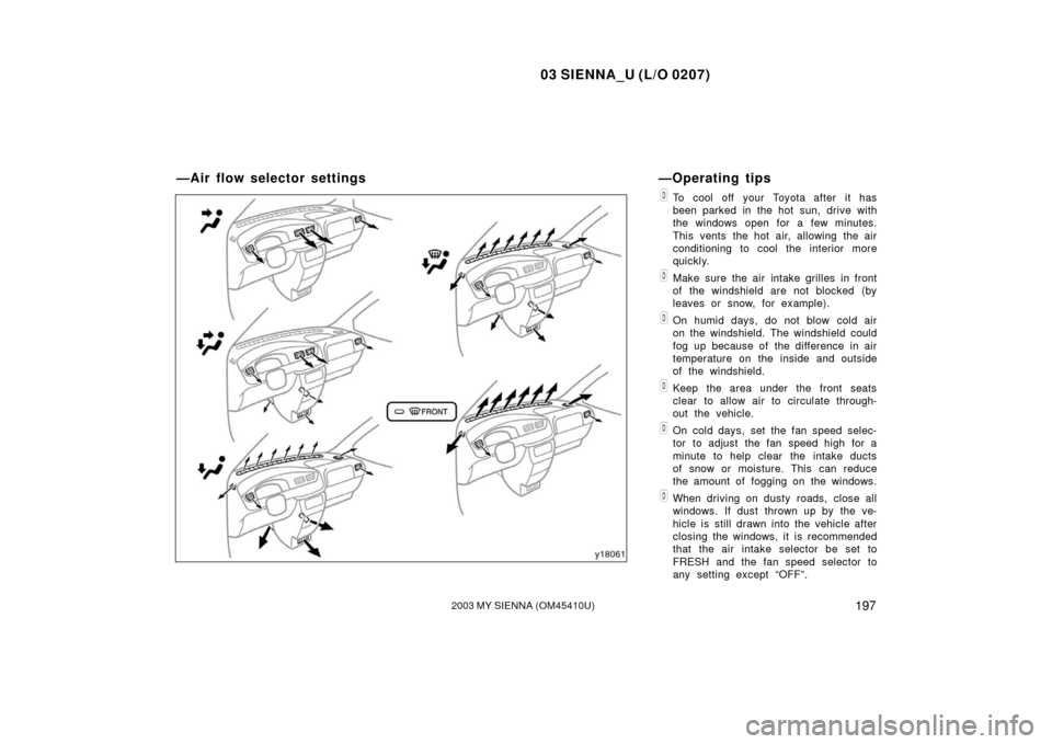 TOYOTA SIENNA 2003 XL20 / 2.G Owners Manual 03 SIENNA_U (L/O 0207)
1972003 MY SIENNA (OM45410U)
To cool off your Toyota after it has
been parked in the hot sun, drive with
the windows open for a few minutes.
This vents the hot air, allowing th TOYOTA SIENNA 2003 XL20 / 2.G Owners Manual 03 SIENNA_U (L/O 0207)
1972003 MY SIENNA (OM45410U)
To cool off your Toyota after it has
been parked in the hot sun, drive with
the windows open for a few minutes.
This vents the hot air, allowing th