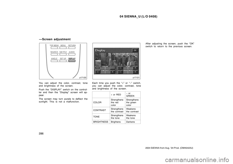 TOYOTA SIENNA 2004 XL20 / 2.G Owners Manual 04 SIENNA_U (L/O 0408)
286
2004 SIENNA from Aug. ’04 Prod. (OM45422U)
You can adjust the color, contrast, tone
and brightness of the screen.
Push the “DISPLAY” switch on the control-
ler and the