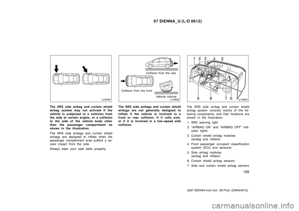 TOYOTA SIENNA 2007 XL20 / 2.G Owners Manual 07 SIENNA_U (L/O 0612)
129
2007 SIENNA from Oct. ’06 Prod. (OM45437U)
The SRS side airbag and curtain shield
airbag system may not activate if the
vehicle is subjected to a collision from
the side a TOYOTA SIENNA 2007 XL20 / 2.G Owners Manual 07 SIENNA_U (L/O 0612)
129
2007 SIENNA from Oct. ’06 Prod. (OM45437U)
The SRS side airbag and curtain shield
airbag system may not activate if the
vehicle is subjected to a collision from
the side a