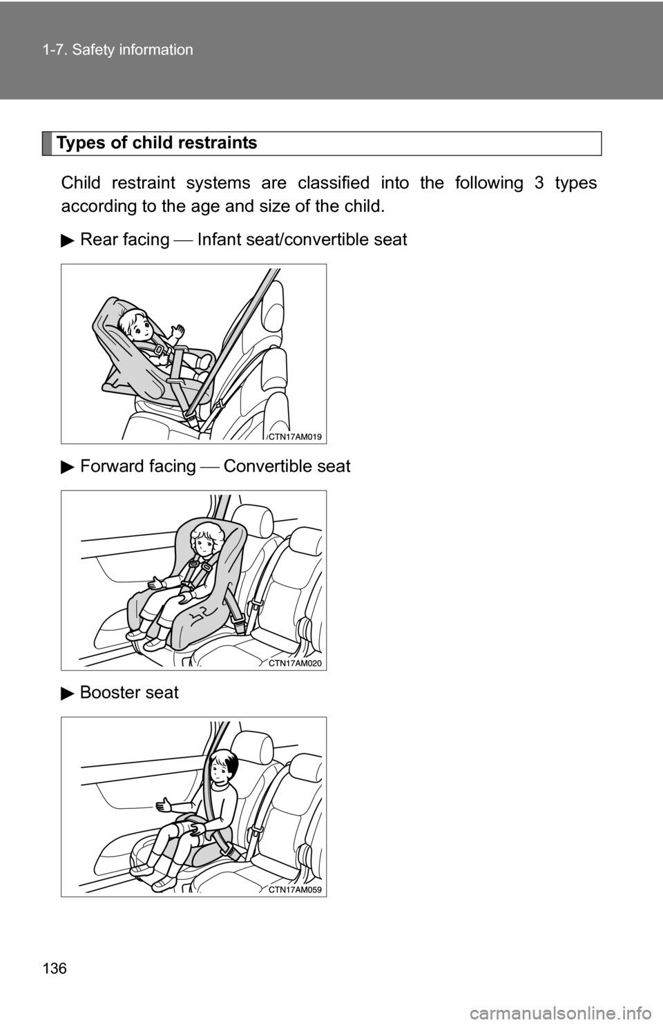 TOYOTA SIENNA 2009 XL20 / 2.G Owners Manual 136 1-7. Safety information
Types of child restraintsChild restraint systems are clas sified into the following 3 types
according to the age and size of the child.
Rear facing   Infant seat/convert