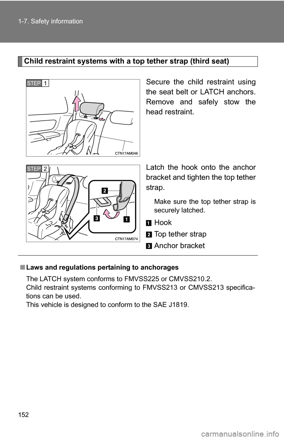 TOYOTA SIENNA 2009 XL20 / 2.G Owners Manual 152 1-7. Safety information
Child restraint systems with a top tether strap (third seat)Secure the child restraint using
the seat belt or LATCH anchors.
Remove and safely stow the
head restraint.
Latc