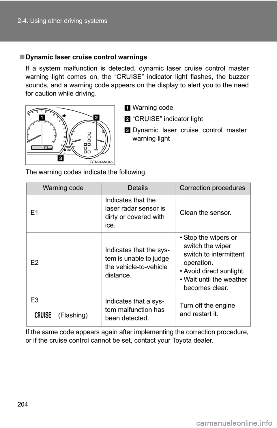 TOYOTA SIENNA 2009 XL20 / 2.G Owners Manual 204 2-4. Using other driving systems
■Dynamic laser cruise control warnings
If a system malfunction is detected, dynamic laser cruise control master
warning light comes on, the “CRUISE” indicato TOYOTA SIENNA 2009 XL20 / 2.G Owners Manual 204 2-4. Using other driving systems
■Dynamic laser cruise control warnings
If a system malfunction is detected, dynamic laser cruise control master
warning light comes on, the “CRUISE” indicato