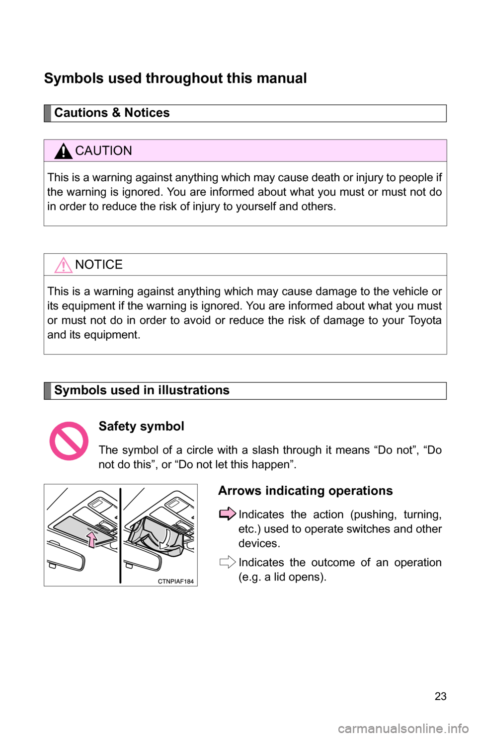 TOYOTA SIENNA 2009 XL20 / 2.G Owners Manual 23
Symbols used throughout this manual
Cautions & Notices 
Symbols used in illustrations
CAUTION
This is a warning against anything which may cause death or injury to people if
the warning is ignored.