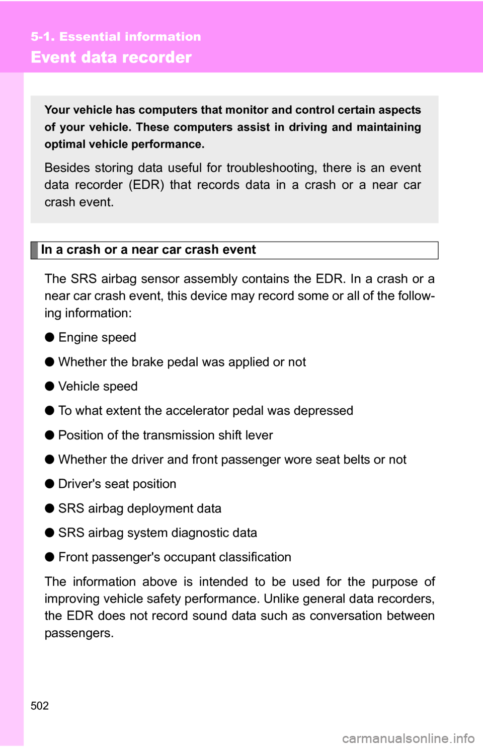 TOYOTA SIENNA 2009 XL20 / 2.G Owners Manual 502
5-1. Essential information
Event data recorder
In a crash or a near car crash eventThe SRS airbag sensor assembly contains the EDR. In a crash or a
near car crash event, this device may record som TOYOTA SIENNA 2009 XL20 / 2.G Owners Manual 502
5-1. Essential information
Event data recorder
In a crash or a near car crash eventThe SRS airbag sensor assembly contains the EDR. In a crash or a
near car crash event, this device may record som