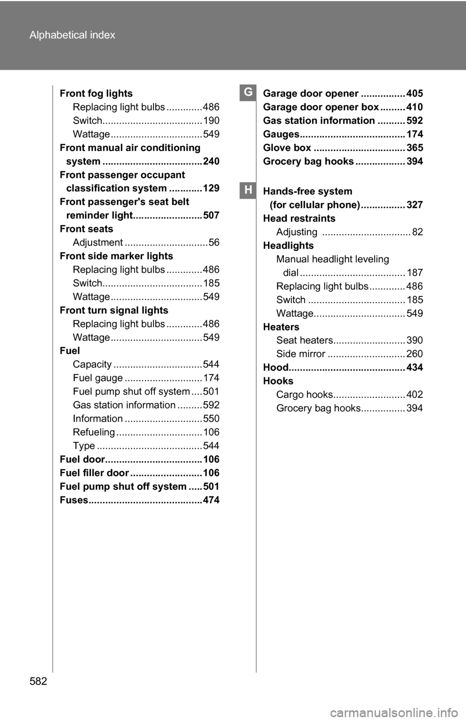 TOYOTA SIENNA 2009 XL20 / 2.G Owners Manual 582 Alphabetical index
Front fog lightsReplacing light bulbs ............. 486
Switch.................................... 190
Wattage ................................. 549
Front manual air conditionin TOYOTA SIENNA 2009 XL20 / 2.G Owners Manual 582 Alphabetical index
Front fog lightsReplacing light bulbs ............. 486
Switch.................................... 190
Wattage ................................. 549
Front manual air conditionin