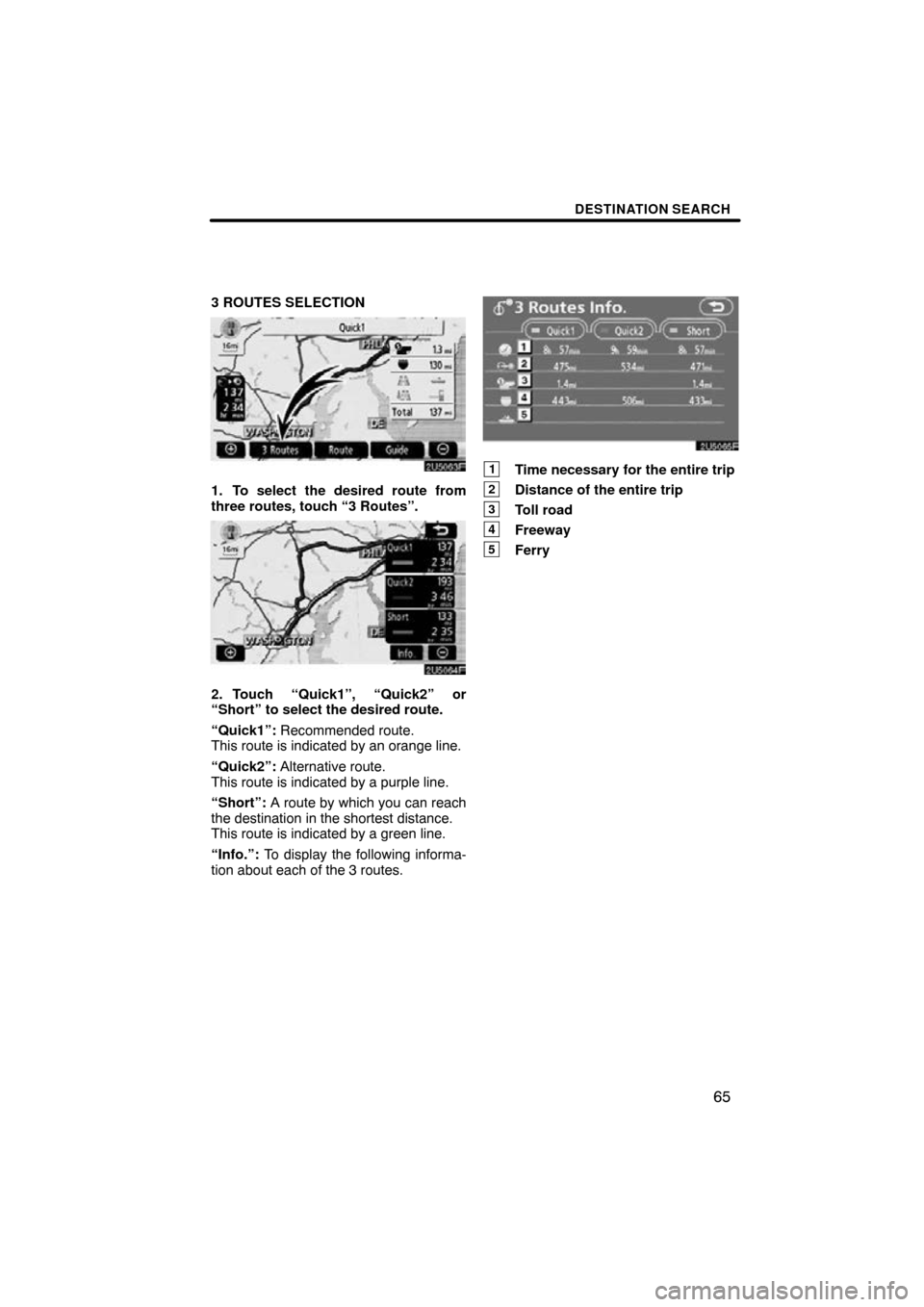 TOYOTA SIENNA 2010 XL30 / 3.G Navigation Manual DESTINATION SEARCH
65
3 ROUTES SELECTION
1. To select the desired route from
three routes, touch “3 Routes”.
2. Touch “Quick1”, “Quick2” or
“Short” to select the desired route.
“Quic