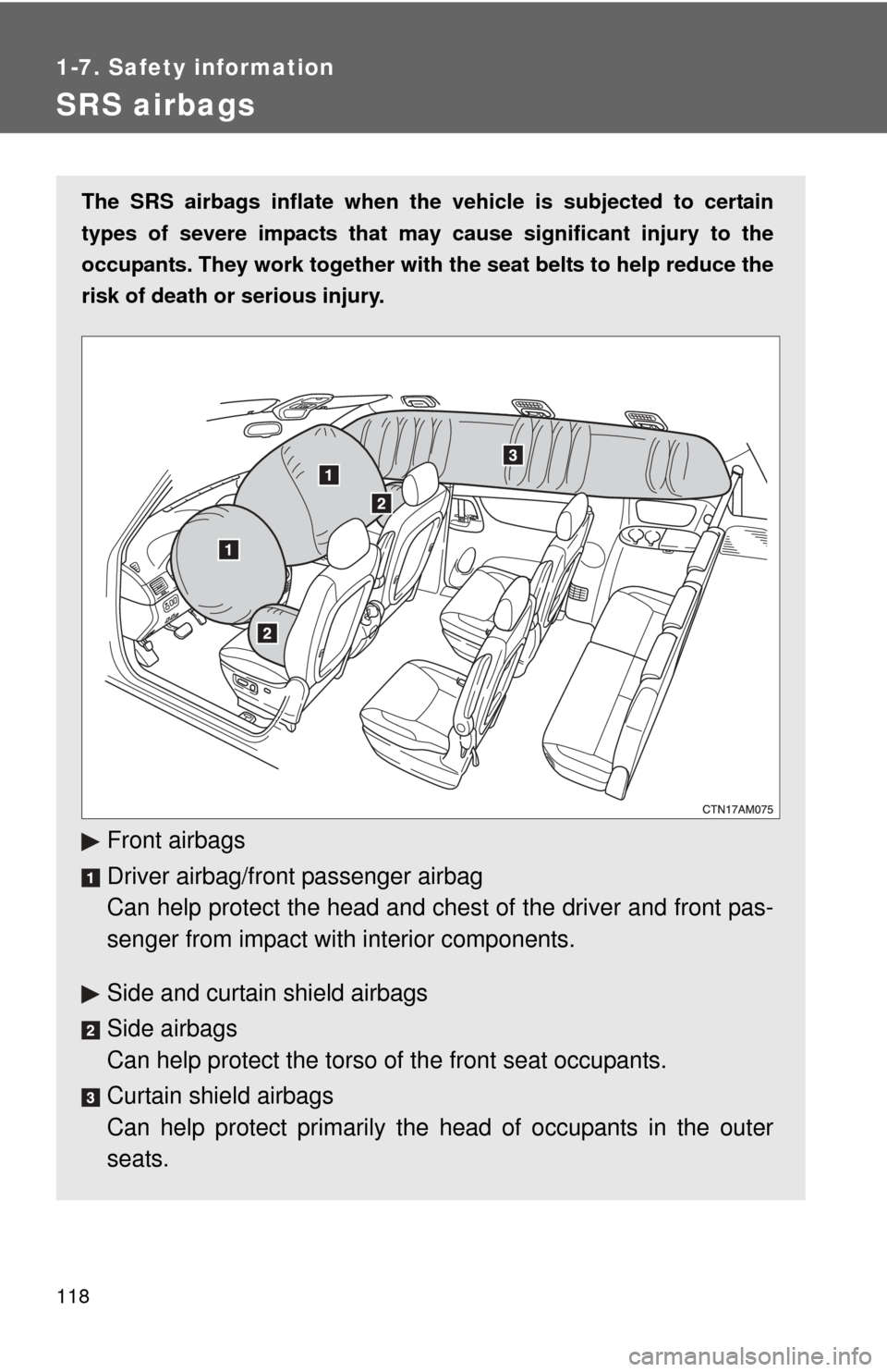 TOYOTA SIENNA 2010 XL30 / 3.G Owners Manual 118
1-7. Safety information
SRS airbags
The SRS airbags inflate when the vehicle is subjected to certain
types of severe impacts that may  cause significant injury to the
occupants. They work together