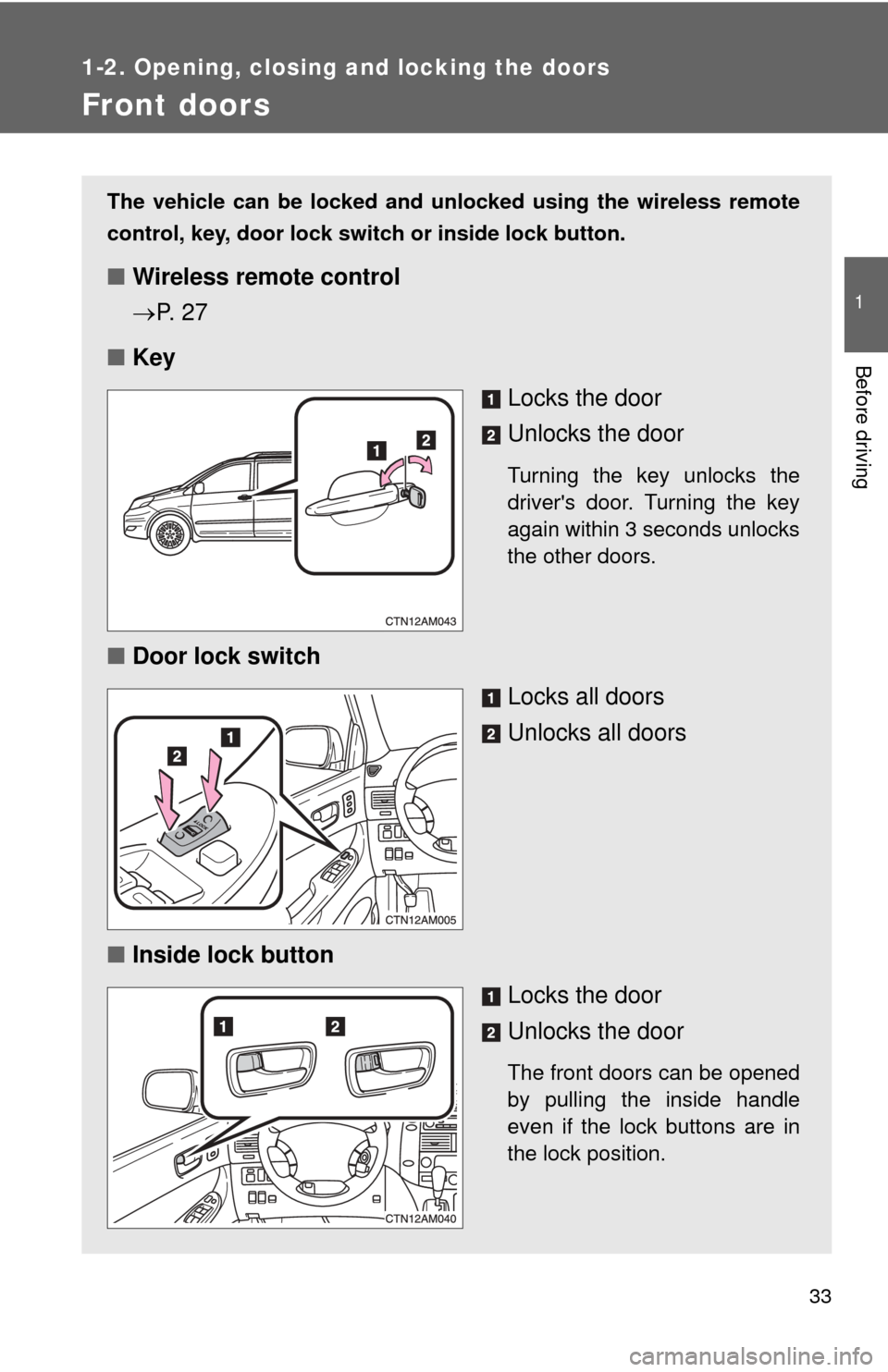 TOYOTA SIENNA 2010 XL30 / 3.G Owners Manual 33
1
1-2. Opening, closing and locking the doors
Before driving
Front doors
The vehicle can be locked and unlocked using the wireless remote
control, key, door lock switch or inside lock button.
■Wi