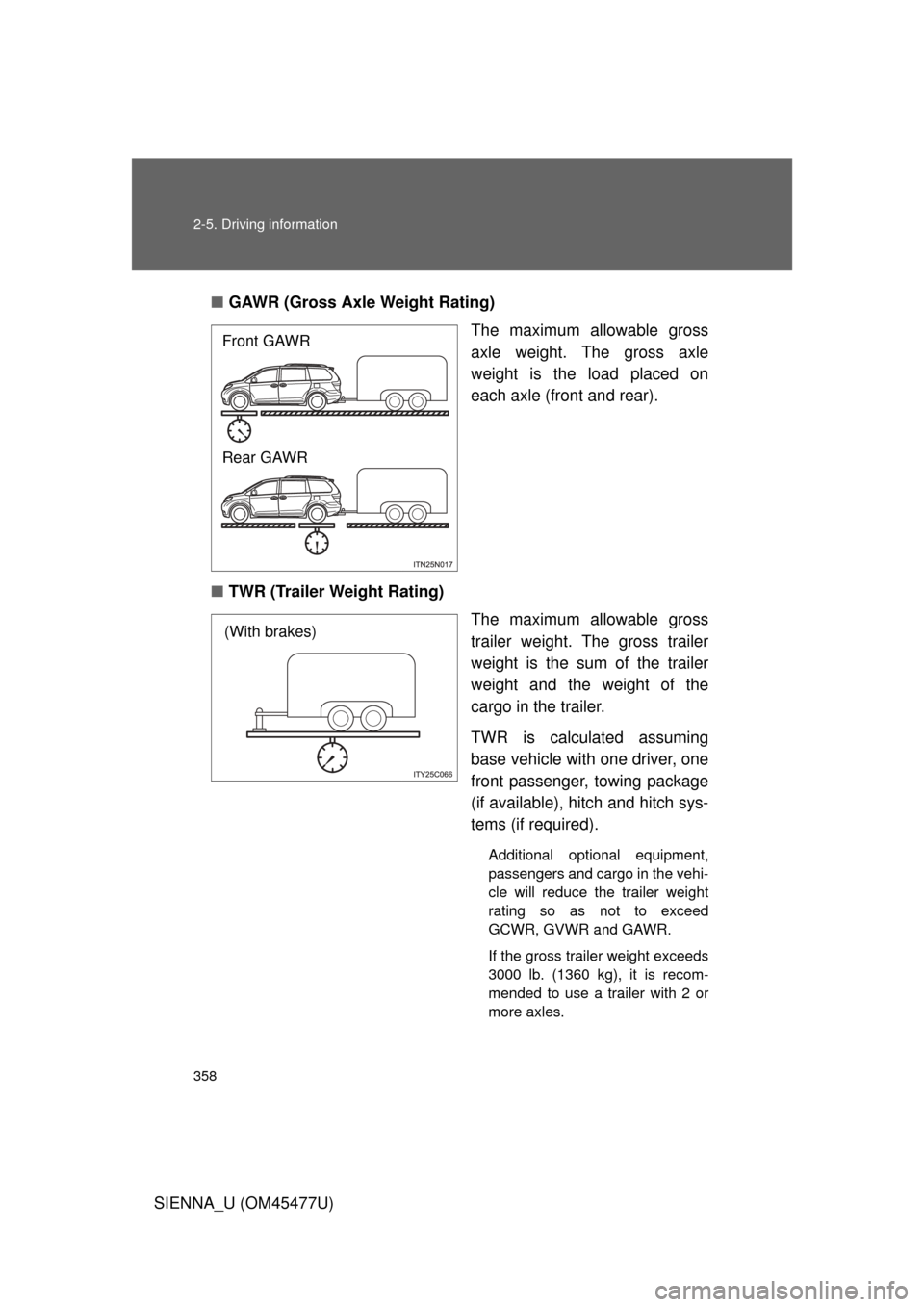 TOYOTA SIENNA 2012 XL30 / 3.G Owners Manual 358 2-5. Driving information
SIENNA_U (OM45477U)■
GAWR (Gross Axle Weight Rating)
The maximum allowable gross
axle weight. The gross axle
weight is the load placed on
each axle (front and rear).
■