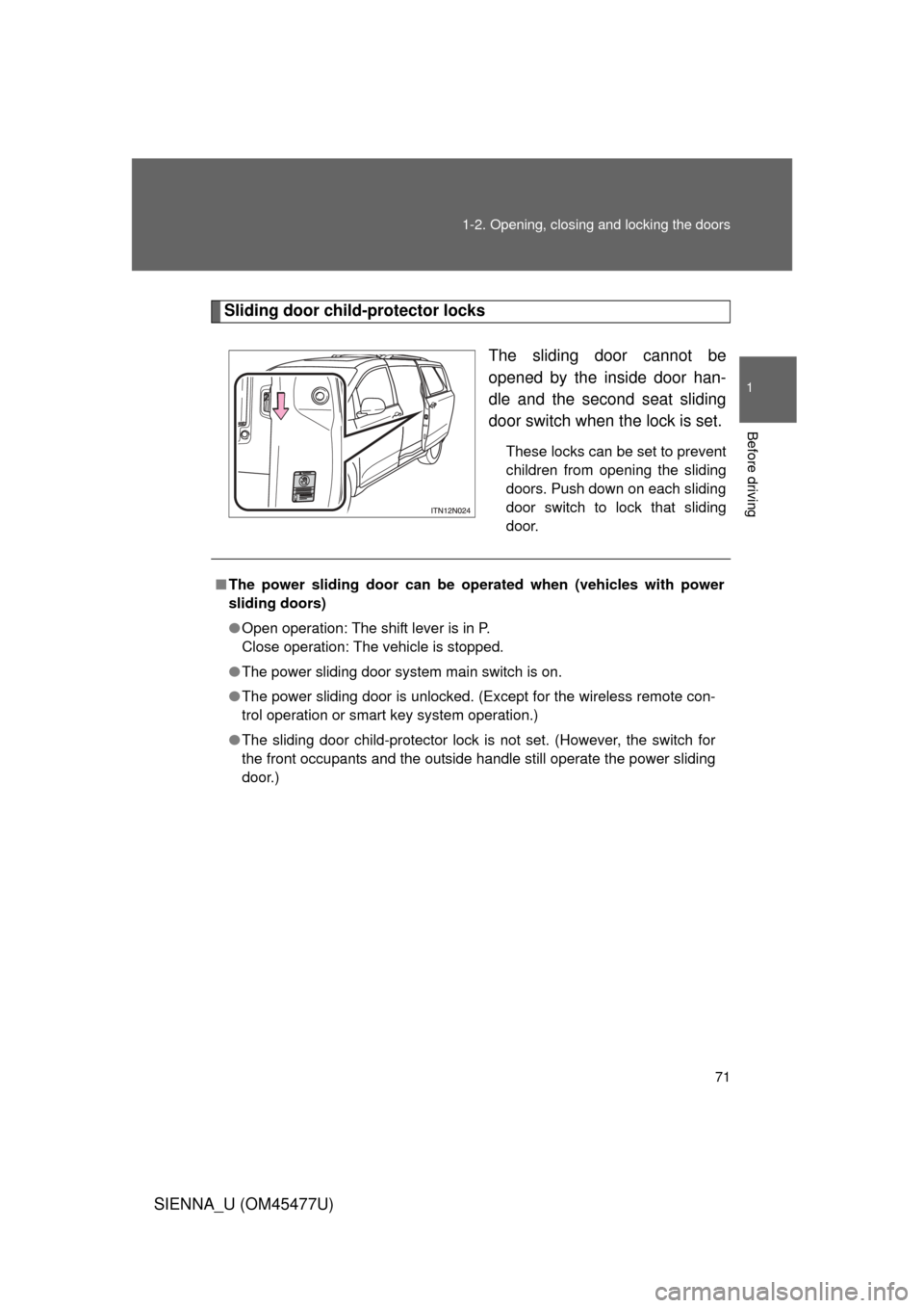 TOYOTA SIENNA 2012 XL30 / 3.G Owners Manual 71
1-2. Opening, closing and locking the doors
1
Before driving
SIENNA_U (OM45477U)
Sliding door child-protector locks
The sliding door cannot be
opened by the inside door han-
dle and the second seat
