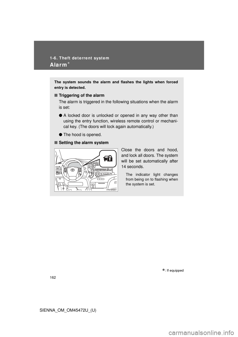 TOYOTA SIENNA 2013 XL30 / 3.G Owners Manual 162
1-6. Theft deterrent system
SIENNA_OM_OM45472U_(U)
Alarm
: If equipped
The system sounds the alarm and flashes the lights when forced
entry is detected.
■ Triggering of the alarm
The alarm
