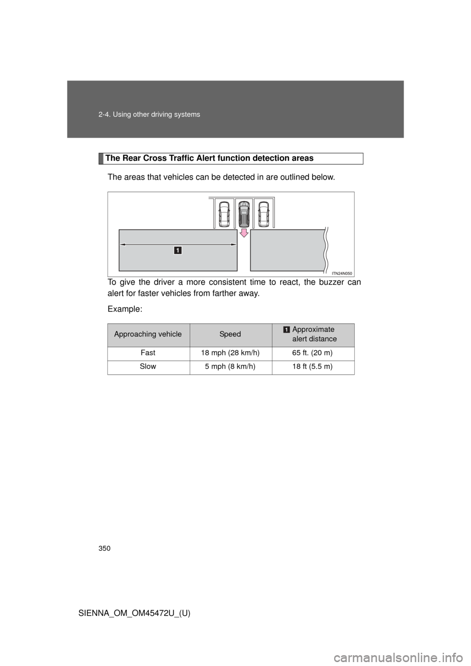 TOYOTA SIENNA 2013 XL30 / 3.G Owners Manual 350 2-4. Using other driving systems
SIENNA_OM_OM45472U_(U)
The Rear Cross Traffic Alert function detection areas
The areas that vehicles can be  detected in are outlined below.
To give the driver a m