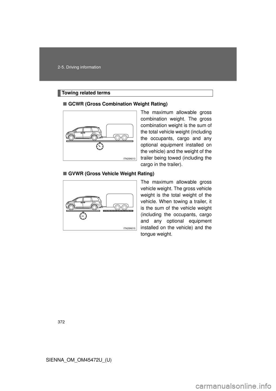 TOYOTA SIENNA 2013 XL30 / 3.G Owners Manual 372 2-5. Driving information
SIENNA_OM_OM45472U_(U)
Towing related terms■ GCWR (Gross Combination Weight Rating)
The maximum allowable gross
combination weight. The gross
combination weight is the s