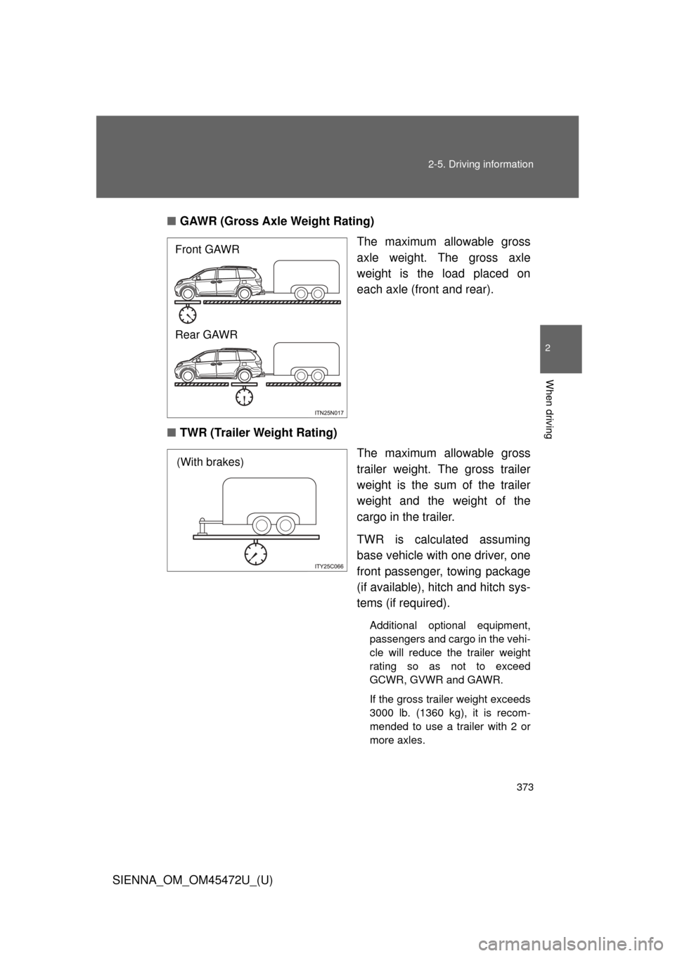 TOYOTA SIENNA 2013 XL30 / 3.G Owners Manual 373
2-5. Driving information
2
When driving
SIENNA_OM_OM45472U_(U)
■
GAWR (Gross Axle Weight Rating)
The maximum allowable gross
axle weight. The gross axle
weight is the load placed on
each axle (f