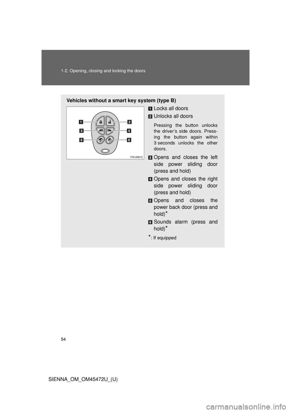 TOYOTA SIENNA 2013 XL30 / 3.G Owners Manual 54 1-2. Opening, closing and locking the doors
SIENNA_OM_OM45472U_(U)
Vehicles without a smart key system (type B)Locks all doors
Unlocks all doors
Pressing the button unlocks
the driver’s side door