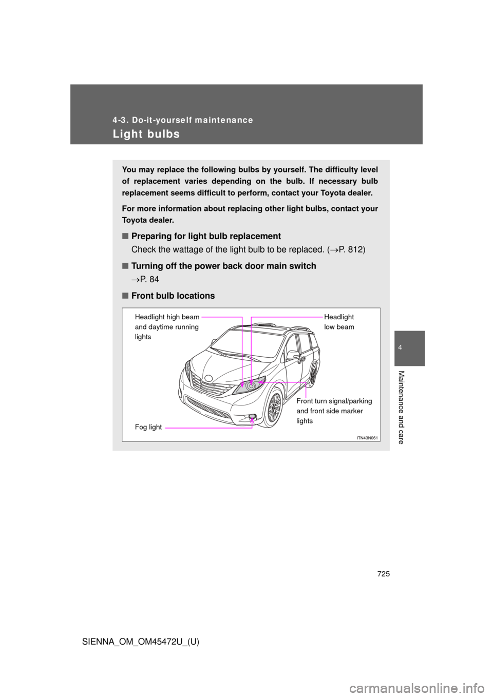 TOYOTA SIENNA 2013 XL30 / 3.G Owners Manual 725
4-3. Do-it-yourself maintenance
4
Maintenance and care
SIENNA_OM_OM45472U_(U)
Light bulbs
You may replace the following bulbs by yourself. The difficulty level
of replacement varies depending on t