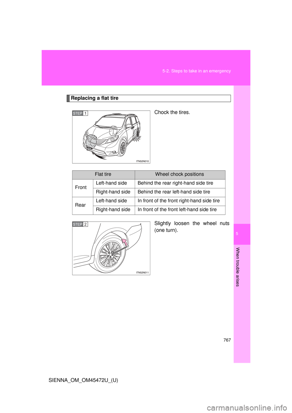 TOYOTA SIENNA 2013 XL30 / 3.G Owners Manual 5
When trouble arises
767
5-2. Steps to take in an emergency
SIENNA_OM_OM45472U_(U)
Replacing a flat tire
Chock the tires.
Slightly loosen the wheel nuts
(one turn).
STEP1
Flat tireWheel chock positio