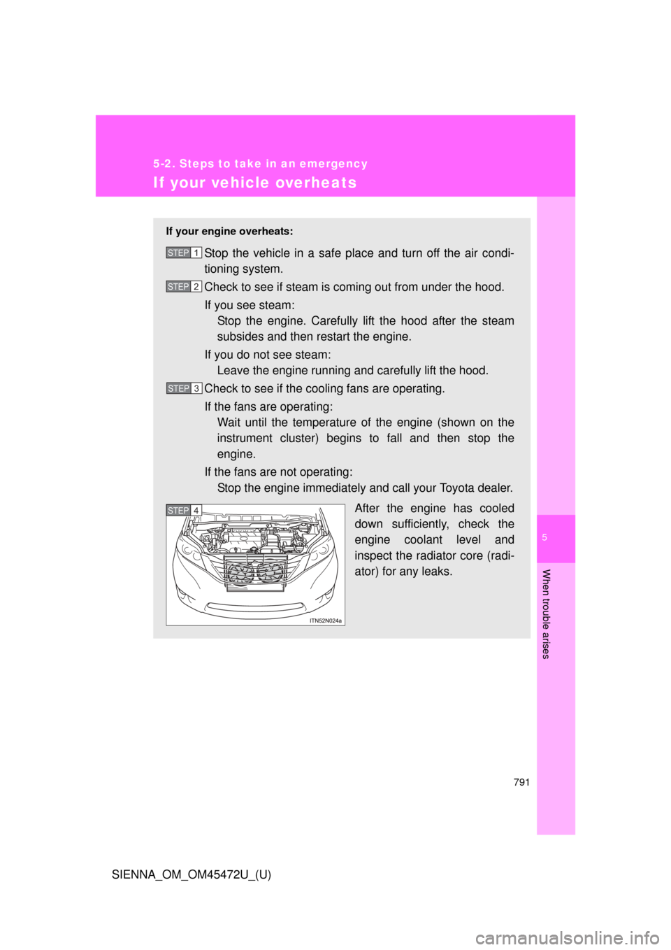 TOYOTA SIENNA 2013 XL30 / 3.G Owners Manual 5
When trouble arises
791
5-2. Steps to take in an emergency
SIENNA_OM_OM45472U_(U)
If your vehicle overheats
If your engine overheats:
Stop the vehicle in a safe place and turn off the air condi-
tio