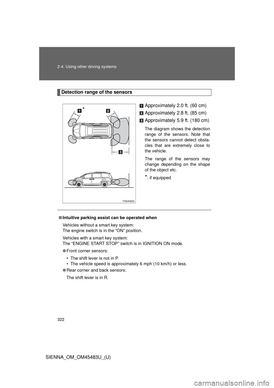 TOYOTA SIENNA 2014 XL30 / 3.G Owners Manual 322 2-4. Using other driving systems
SIENNA_OM_OM45483U_(U)
Detection range of the sensorsApproximately 2.0 ft. (60 cm)
Approximately 2.8 ft. (85 cm)
Approximately 5.9 ft. (180 cm)
The diagram shows t