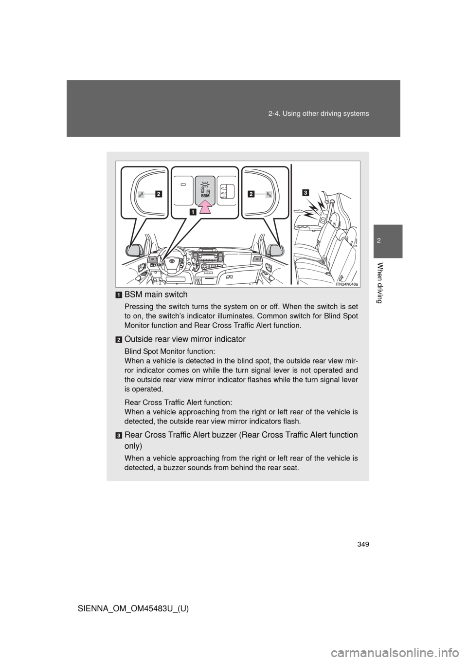 TOYOTA SIENNA 2014 XL30 / 3.G Owners Manual 349
2-4. Using other 
driving systems
2
When driving
SIENNA_OM_OM45483U_(U)
BSM main switch
Pressing the switch turns the system on or off. When the switch is set
to on, the switch’s indicator illum