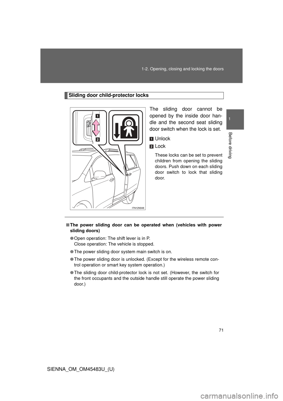TOYOTA SIENNA 2014 XL30 / 3.G Owners Manual 71
1-2. Opening, closing and locking the doors
1
Before driving
SIENNA_OM_OM45483U_(U)
Sliding door child-protector locks
The sliding door cannot be
opened by the inside door han-
dle and the second s