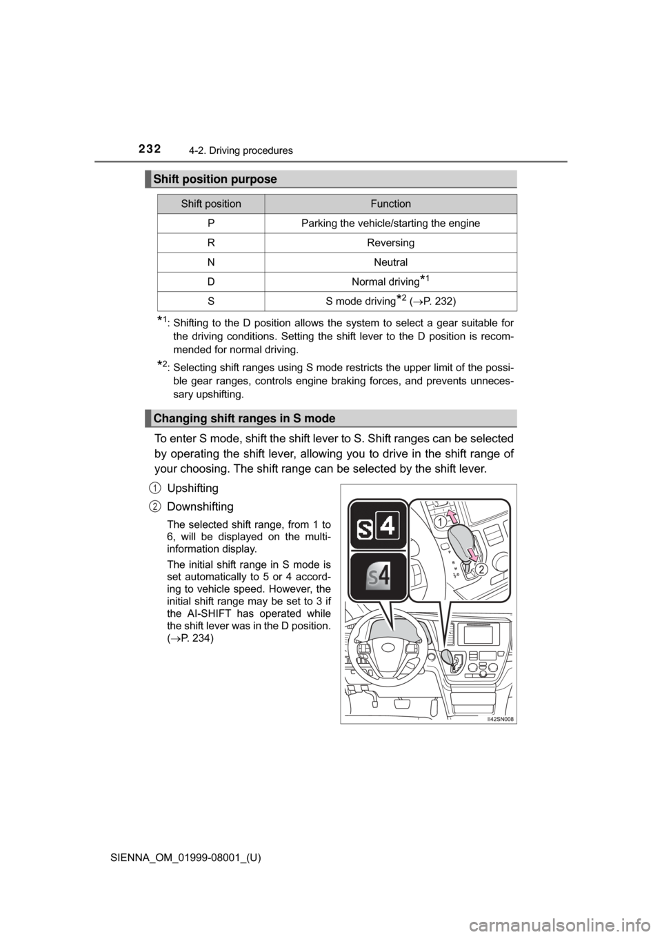 TOYOTA SIENNA 2015 XL30 / 3.G Owners Manual 232
SIENNA_OM_01999-08001_(U)
4-2. Driving procedures
*1: Shifting  to  the  D  position  allows  the  system  to  select  a  gear  suitable  forthe  driving  conditions.  Setting  the  shift  lever  