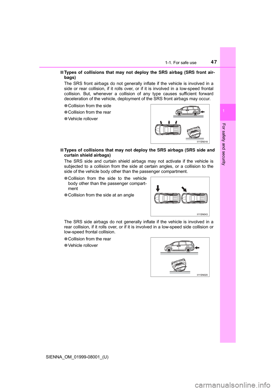 TOYOTA SIENNA 2015 XL30 / 3.G Owners Manual 471-1. For safe use
SIENNA_OM_01999-08001_(U)
1
For safety and security
■Types of collisions that may not de ploy the SRS airbag (SRS front air-
bags)
The  SRS  front  airbags  do  not  generally  i