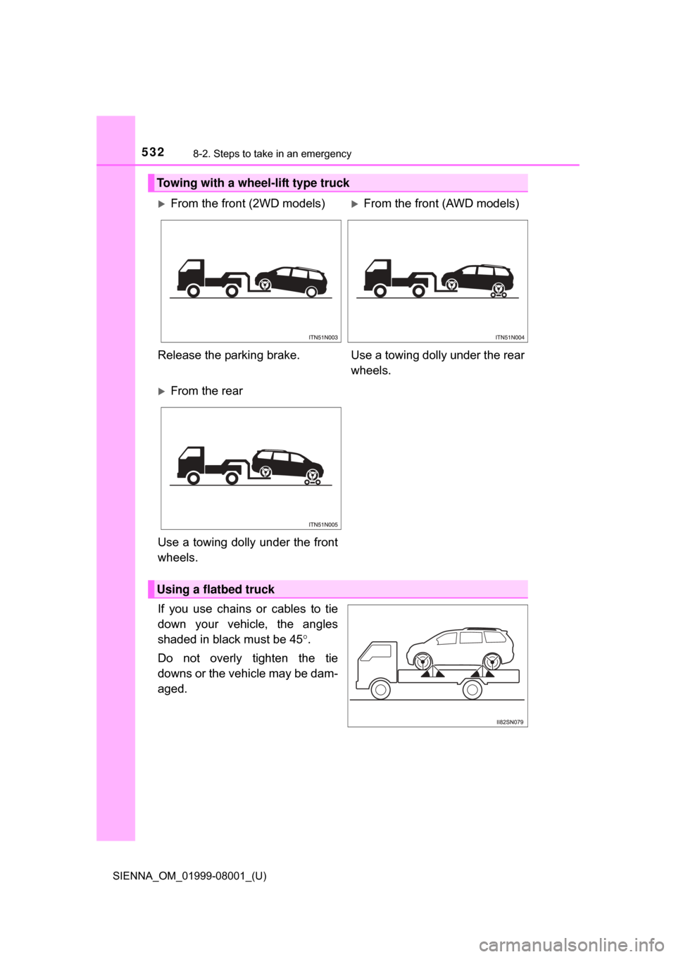 TOYOTA SIENNA 2015 XL30 / 3.G Owners Manual 5328-2. Steps to take in an emergency
SIENNA_OM_01999-08001_(U)
If  you  use  chains  or  cables  to  tie
down  your  vehicle,  the  angles
shaded in black must be 45.
Do  not  overly  tighten  the