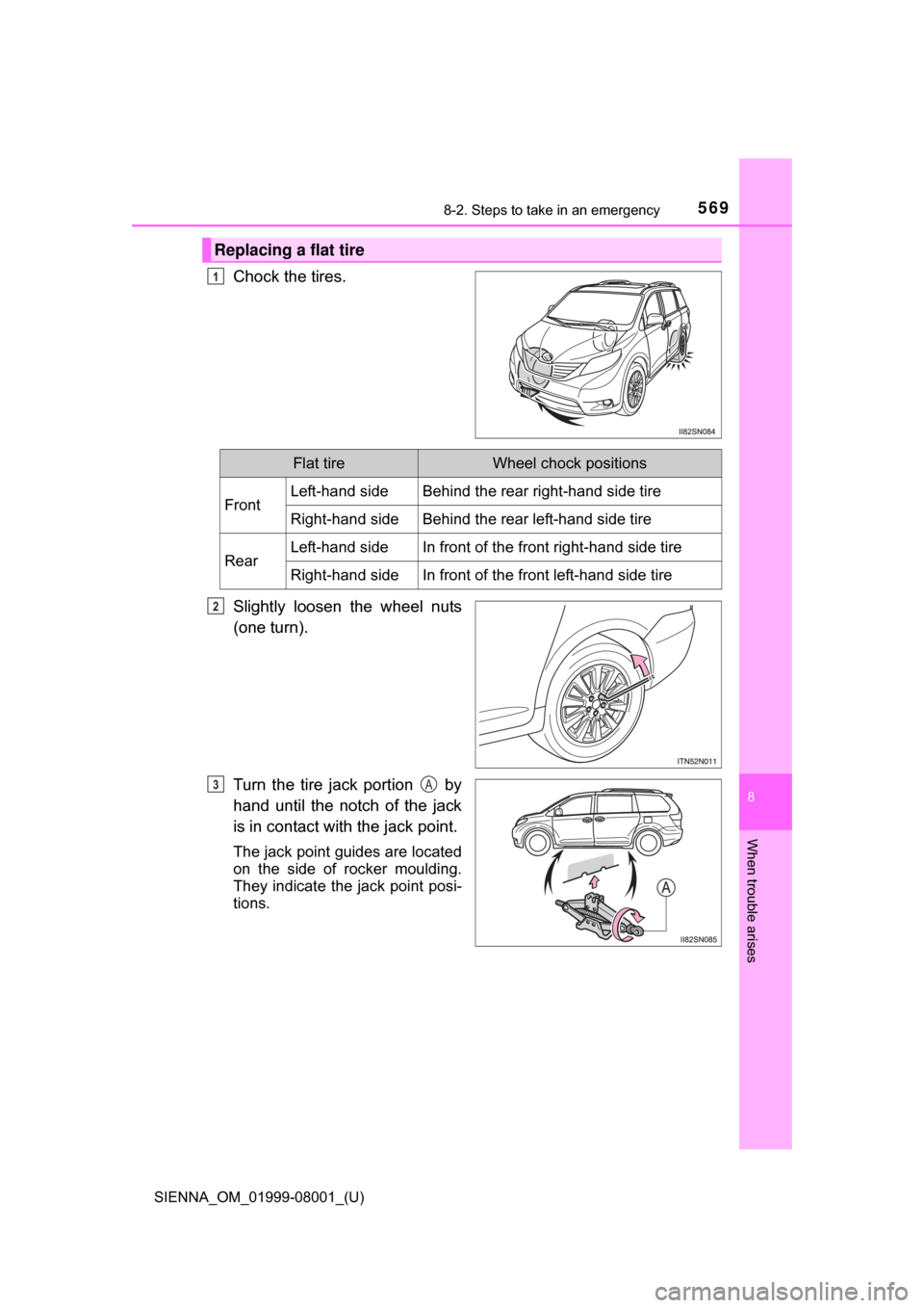 TOYOTA SIENNA 2015 XL30 / 3.G Owners Manual 5698-2. Steps to take in an emergency
SIENNA_OM_01999-08001_(U)
8
When trouble arises
Chock the tires.
Slightly  loosen  the  wheel  nuts
(one turn).
Turn  the  tire  jack  portion    by
hand  until  