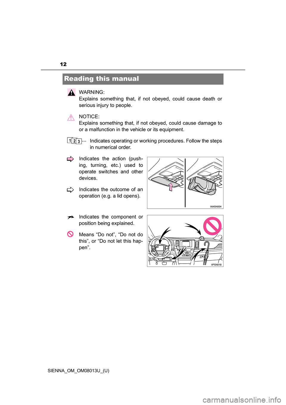 TOYOTA SIENNA 2016 XL30 / 3.G Owners Manual 12
SIENNA_OM_OM08013U_(U)
Reading this manual
WARNING: 
Explains  something  that,  if  not  obeyed,  could  cause  death  or
serious injury to people.
NOTICE: 
Explains  something  that,  if  not  ob