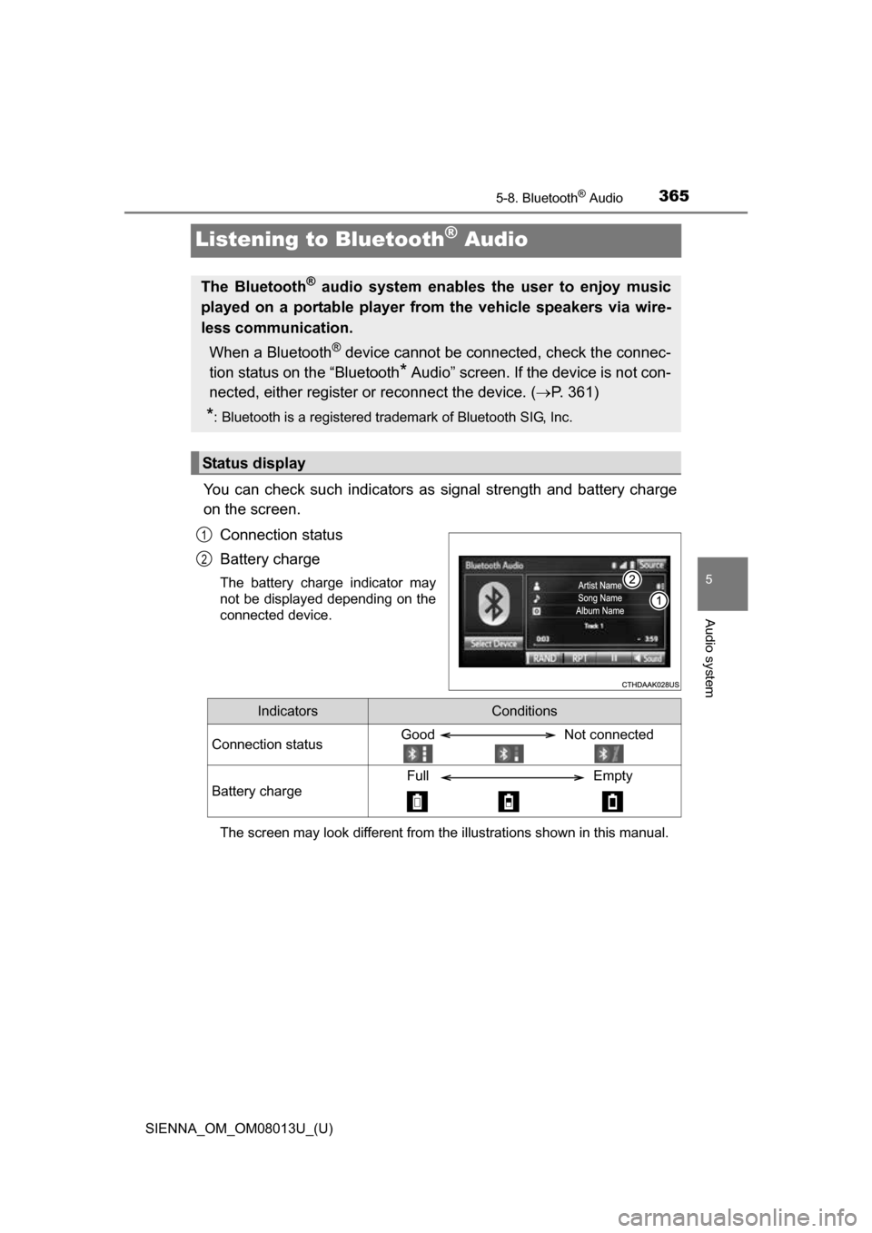 TOYOTA SIENNA 2016 XL30 / 3.G Owners Manual 365
SIENNA_OM_OM08013U_(U)
5-8. Bluetooth® Audio
5
Audio system
Listening to Bluetooth® Audio
You  can  check  such  indicators  as  signal  strength  and  battery  charge
on the screen.
Connection 