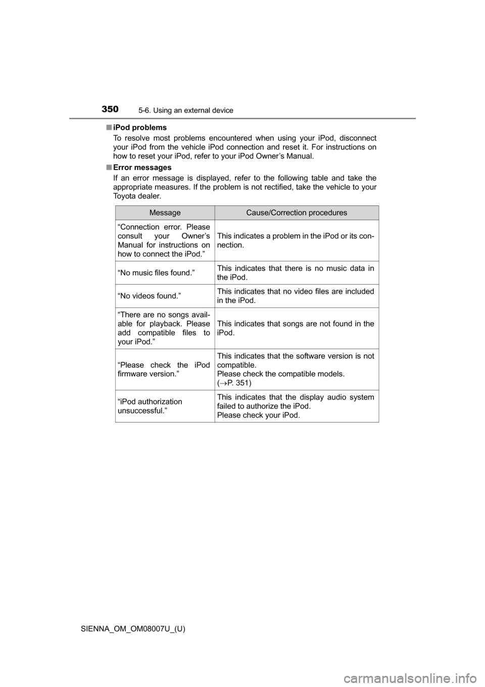 TOYOTA SIENNA 2017 XL30 / 3.G Owners Manual 3505-6. Using an external device
SIENNA_OM_OM08007U_(U)■
iPod problems
To  resolve  most  problems  encountered  when  using  your  iPod,  disconnect
your  iPod  from  the  vehicle  iPod  connection
