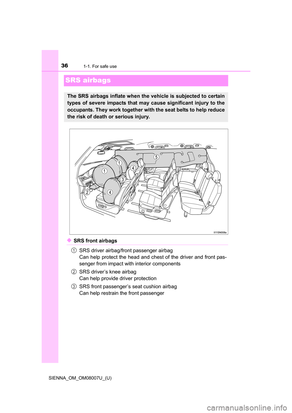 TOYOTA SIENNA 2017 XL30 / 3.G Owners Manual 361-1. For safe use
SIENNA_OM_OM08007U_(U)
SRS airbags
◆SRS front airbagsSRS driver airbag/front passenger airbag
Can help protect the head and chest of the driver and front pas-
senger from impact 