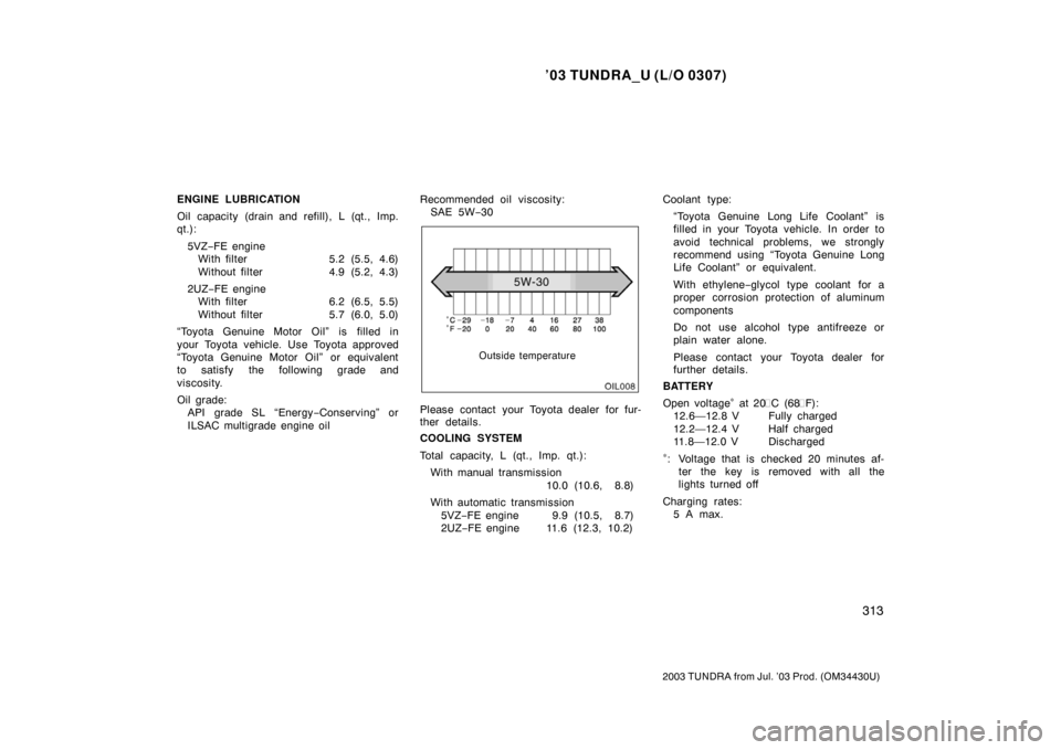 TOYOTA TUNDRA 2003 1.G Owners Manual ’03 TUNDRA_U (L/O 0307)
313
2003 TUNDRA from Jul. ’03 Prod. (OM 34430U)
ENGINE LUBRICATION
Oil capacity (drain and refill), L (qt., Imp.
qt.):
5VZ− FE engine
With filter 5.2 (5.5, 4.6)
Without f
