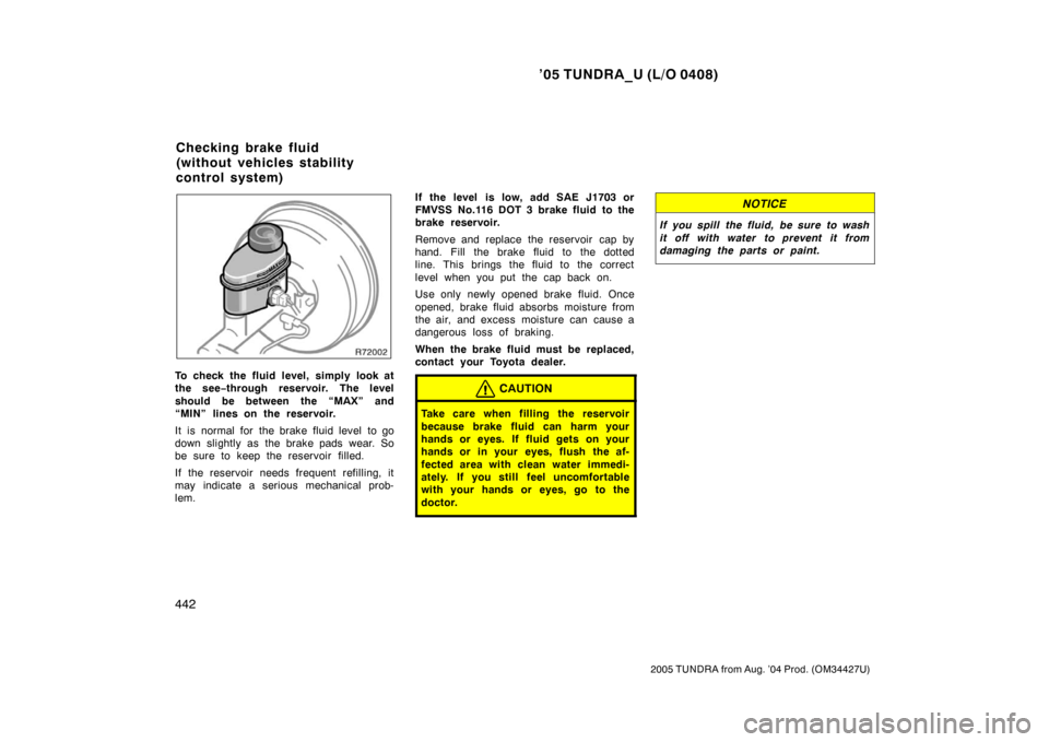 TOYOTA TUNDRA 2005 1.G Owners Manual ’05 TUNDRA_U (L/O 0408)
442
2005 TUNDRA from Aug. ’04 Prod. (OM34427U)
To check the fluid level, simply look at
the see −through reservoir. The level
should be between the “MAX” and
“MIN