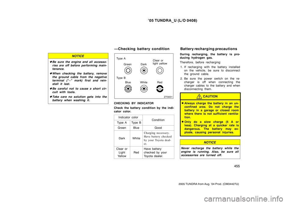 TOYOTA TUNDRA 2005 1.G Owners Manual ’05 TUNDRA_U (L/O 0408)
455
2005 TUNDRA from Aug. ’04 Prod. (OM34427U)
NOTICE
Be sure the engine and all accesso-
ries are off before performing main-
tenance.
When checking the battery, remove TOYOTA TUNDRA 2005 1.G Owners Manual ’05 TUNDRA_U (L/O 0408)
455
2005 TUNDRA from Aug. ’04 Prod. (OM34427U)
NOTICE
Be sure the engine and all accesso-
ries are off before performing main-
tenance.
When checking the battery, remove