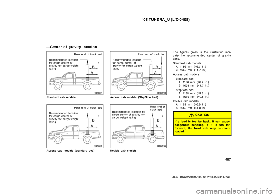TOYOTA TUNDRA 2005 1.G Owners Manual ’05 TUNDRA_U (L/O 0408)
487
2005 TUNDRA from Aug. ’04 Prod. (OM34427U)
Rear end of truck bed
Recommended location
for cargo center of
gravity for cargo weight
rating
Standard cab models
Rear end o TOYOTA TUNDRA 2005 1.G Owners Manual ’05 TUNDRA_U (L/O 0408)
487
2005 TUNDRA from Aug. ’04 Prod. (OM34427U)
Rear end of truck bed
Recommended location
for cargo center of
gravity for cargo weight
rating
Standard cab models
Rear end o
