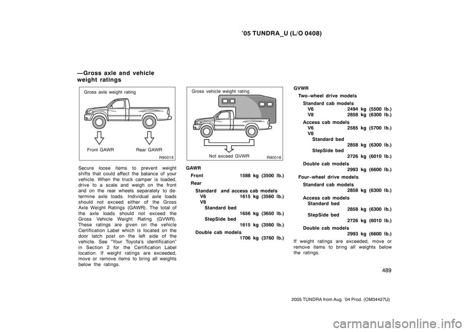 TOYOTA TUNDRA 2005 1.G Owners Manual ’05 TUNDRA_U (L/O 0408)
489
2005 TUNDRA from Aug. ’04 Prod. (OM34427U)
Gross axle weight rating
Front GAWR Rear GAWR
Secure loose items to prevent weight
shifts that could affect the balance of TOYOTA TUNDRA 2005 1.G Owners Manual ’05 TUNDRA_U (L/O 0408)
489
2005 TUNDRA from Aug. ’04 Prod. (OM34427U)
Gross axle weight rating
Front GAWR Rear GAWR
Secure loose items to prevent weight
shifts that could affect the balance of