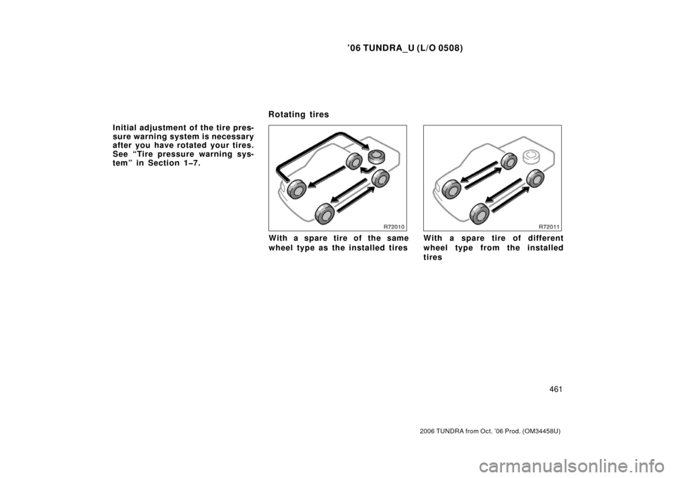TOYOTA TUNDRA 2006 1.G Owners Manual ’06 TUNDRA_U (L/O 0508)
461
2006 TUNDRA from Oct. ’06 Prod. (OM 34458U)
Initial adjustment of the tire pres-
sure warning system is necessary
after you have rotated your tires.
See “Tire pressur