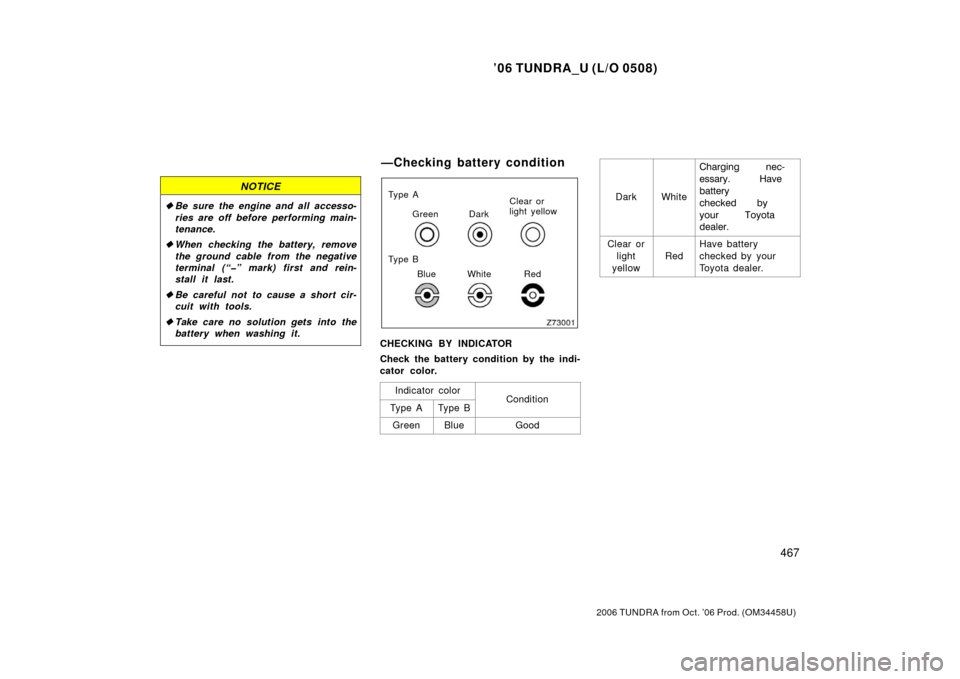 TOYOTA TUNDRA 2006 1.G Owners Manual ’06 TUNDRA_U (L/O 0508)
467
2006 TUNDRA from Oct. ’06 Prod. (OM 34458U)
NOTICE
Be sure the engine and all accesso-
ries are off before performing main-
tenance.
 When checking the battery, remov