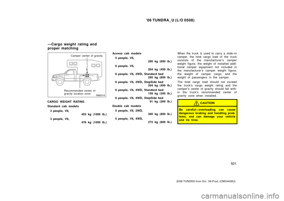 TOYOTA TUNDRA 2006 1.G Owners Manual ’06 TUNDRA_U (L/O 0508)
501
2006 TUNDRA from Oct. ’06 Prod. (OM 34458U)
Camper center of gravity
Recommended center of
gravity location zone
CARGO WEIGHT RATING
Standard cab models 3 people, V6, TOYOTA TUNDRA 2006 1.G Owners Manual ’06 TUNDRA_U (L/O 0508)
501
2006 TUNDRA from Oct. ’06 Prod. (OM 34458U)
Camper center of gravity
Recommended center of
gravity location zone
CARGO WEIGHT RATING
Standard cab models 3 people, V6,