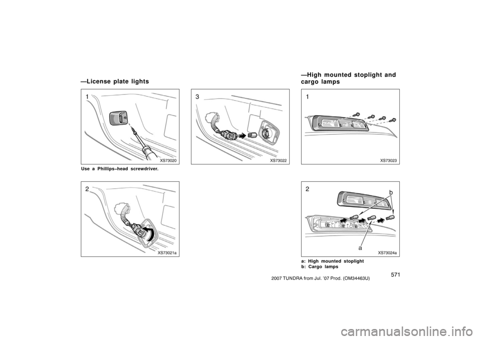 TOYOTA TUNDRA 2007 2.G Owners Manual 5712007 TUNDRA from Jul. ’07 Prod. (OM34463U)
XS73020
Use a Phillips�head screwdriver.
XS73021a
XS73022XS73023
XS73024
a: High mounted stoplight
b: Cargo lamps
—License plate lights—High mounted