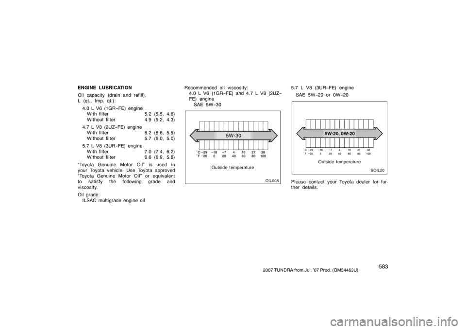 TOYOTA TUNDRA 2007 2.G Owners Manual 5832007 TUNDRA from Jul. ’07 Prod. (OM34463U)
ENGINE LUBRICATION
Oil capacity (drain and refill),
L (qt., Imp. qt.):
4.0 L V6 (1GR −FE) engine
With filter 5.2 (5.5, 4.6)
Without filter 4.9 (5.2, 4